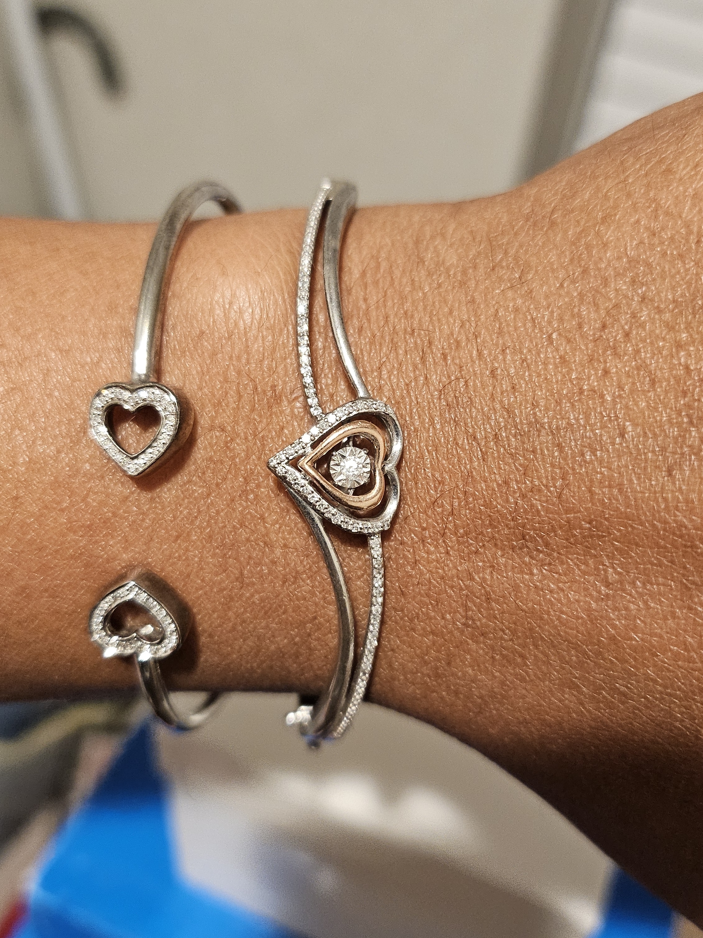 Sterling Silver Heart Bracelet Stack With Crystal Diamonds Heart Ring W/ Diam Ss